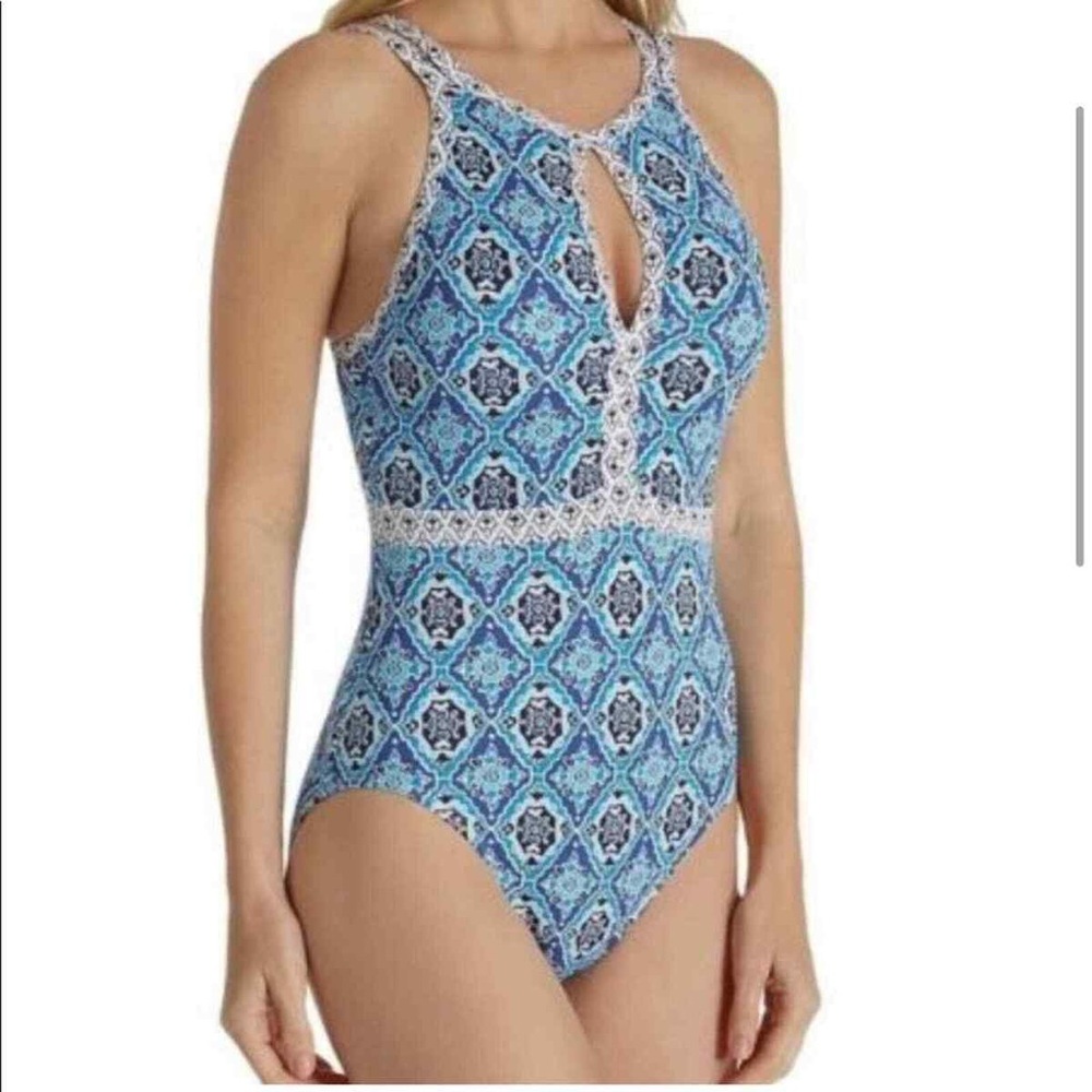 Tommy Bahama Womens Blue Tika Tiles Cutout Halter One-Piece Swimsuit Size 8
